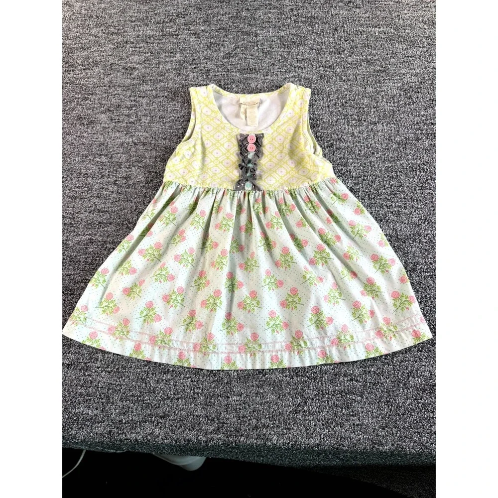 Matilda Jane A-Line Dress Kids 8 White Green Floral Pleated Cotton Round Neck